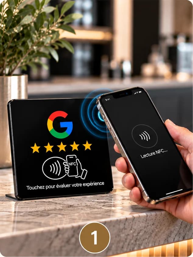 Étape 1 : un client approche son téléphone de la plaque NFC posée sur le comptoir.