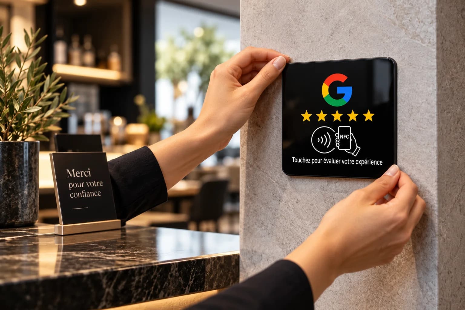 Deux mains positionnent une plaque NFC sur un mur, à l'entrée d'un commerce.
