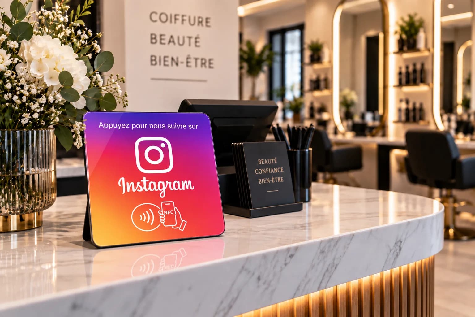 Une plaque NFC Instagram posée sur le comptoir d'accueil d'un salon de coiffure et beauté.